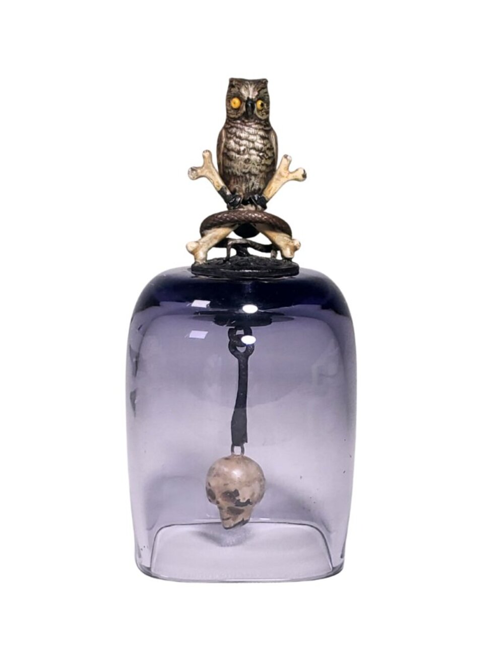 Antique Viennese Bronze Memento Mori Bell Amethyst Glass Owl Skull Snake 19c